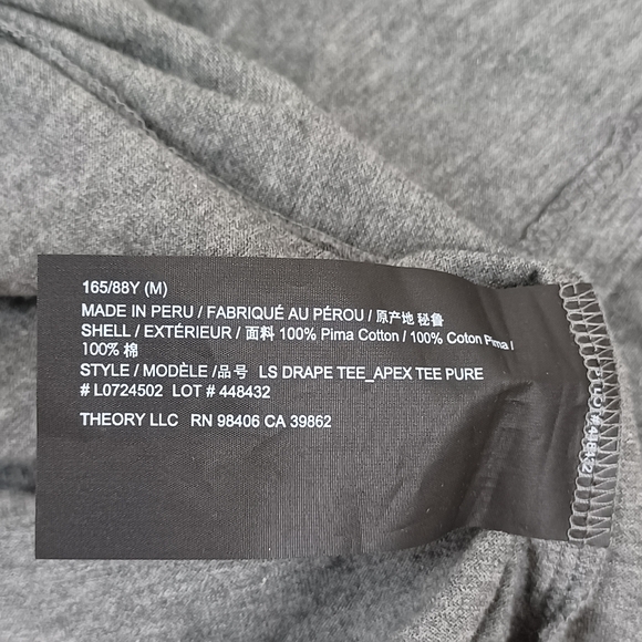 Theory Draped Long Sleeve Tee Size M Women Minimalist Pima Cotton Asymmetrical - Picture 10 of 11